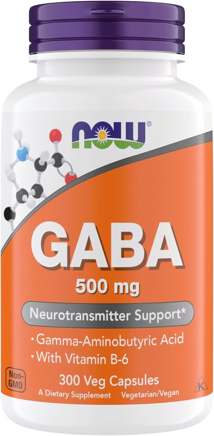 NOW Foods frasco frontal del suplemento GABA 300 cápsulas mostrando información útil