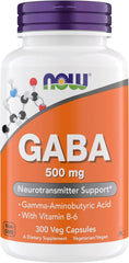 NOW Foods frasco frontal del suplemento GABA 300 cápsulas mostrando información útil
