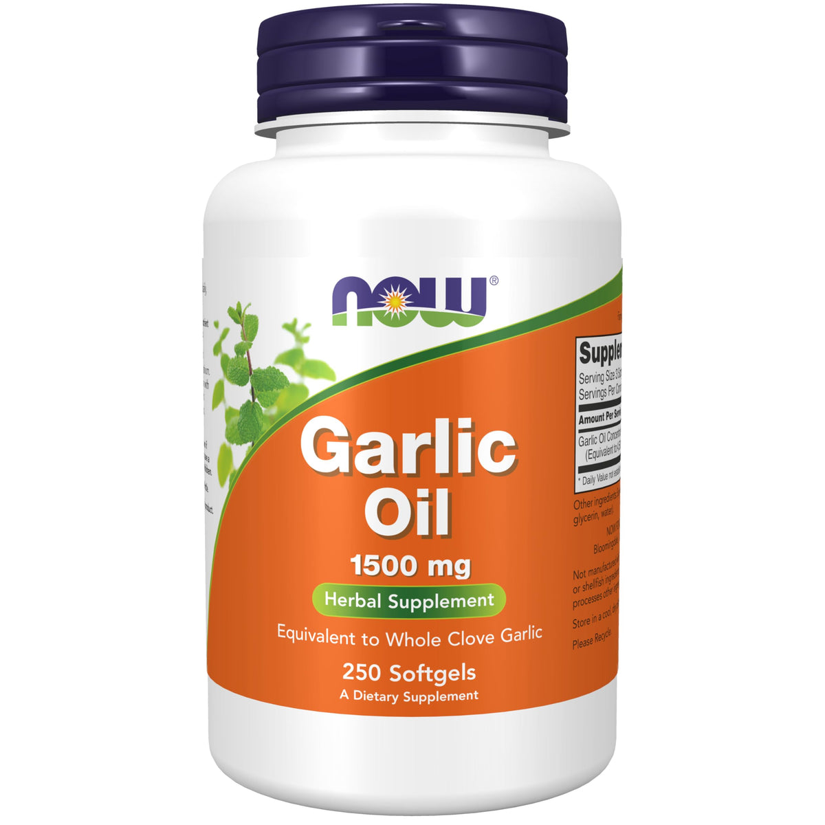 NOW Foods frasco frontal mostrando Garlic Oil y beneficio conveniencia