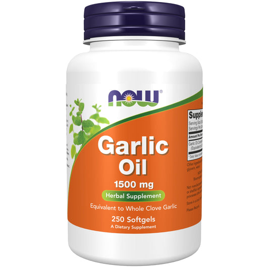 NOW Foods frasco frontal mostrando Garlic Oil y beneficio conveniencia