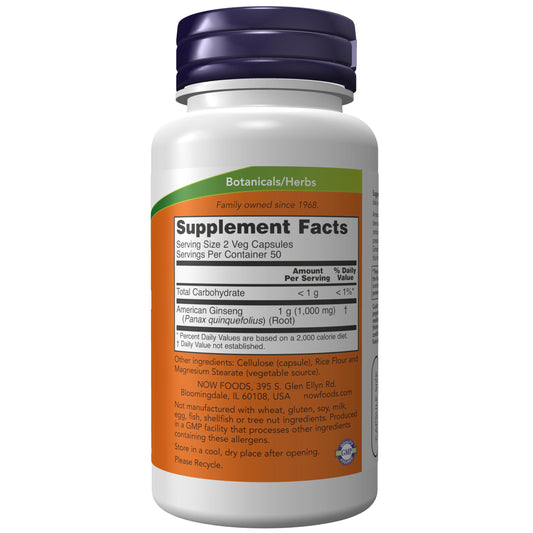 NOW Foods ginseng americano cápsulas veganas en primer plano para ingestión fácil