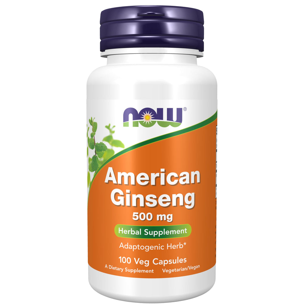 NOW Foods ginseng americano frontal del envase mostrando 100 cápsulas y sello de calidad