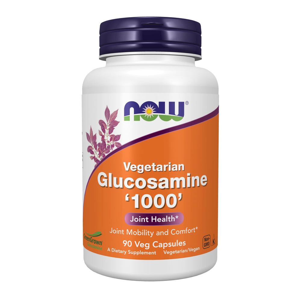 NOW Foods frente del envase mostrando glucosamina vegana y beneficio de apoyo articular