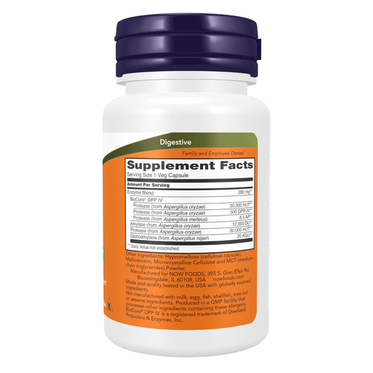 Etiqueta nutricional de NOW Foods Gluten Digest con ingredientes y certificaciones claras