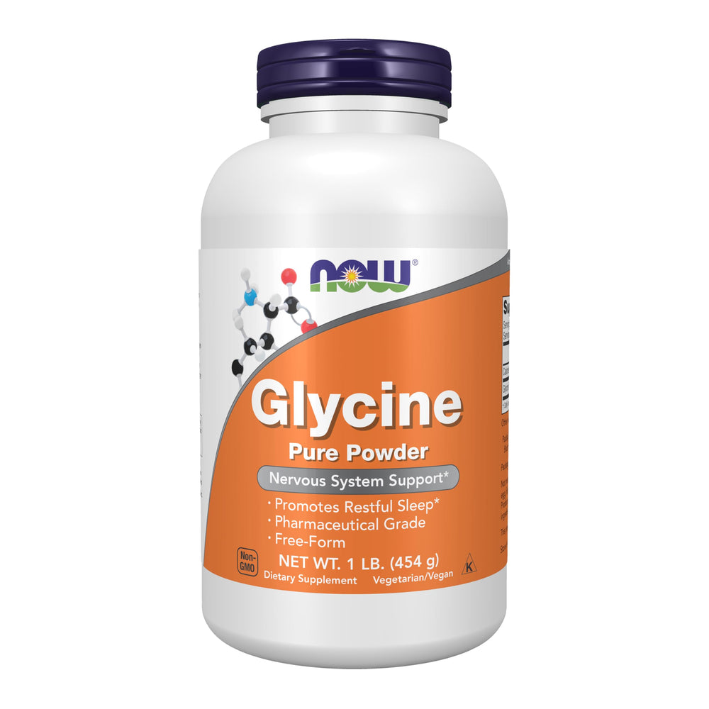 NOW Foods envase frontal mostrando glicina pura y beneficios*