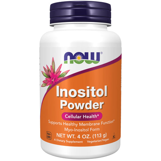 NOW Foods envase frontal del inositol mostrando la marca y facilidad de uso