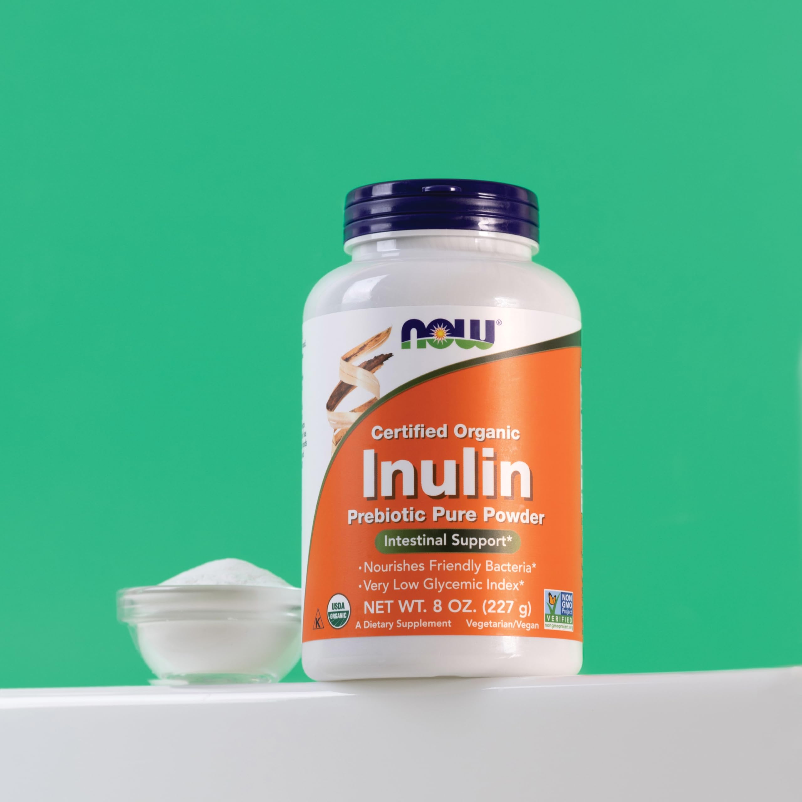 NOW Foods inulina espolvoreada sobre cereal y bebida, mejora fibra en desayunos