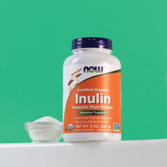 NOW Foods inulina espolvoreada sobre cereal y bebida, mejora fibra en desayunos