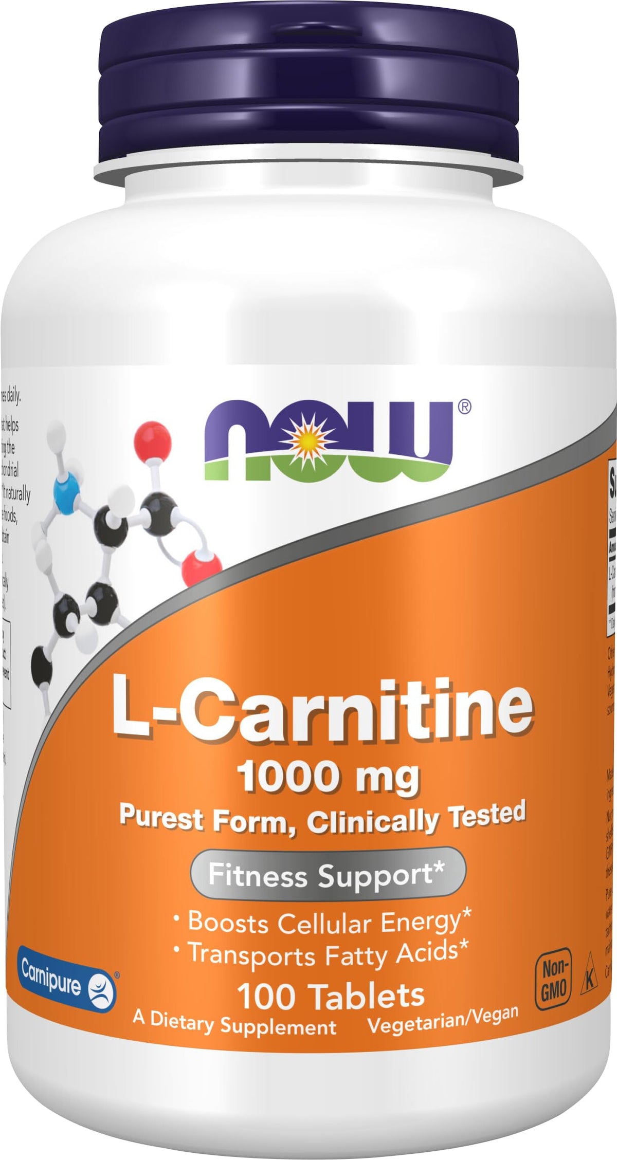 NOW Foods envase frontal mostrando L-Carnitine 1000 mg y beneficios de pureza