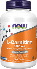 NOW Foods envase frontal mostrando L-Carnitine 1000 mg y beneficios de pureza