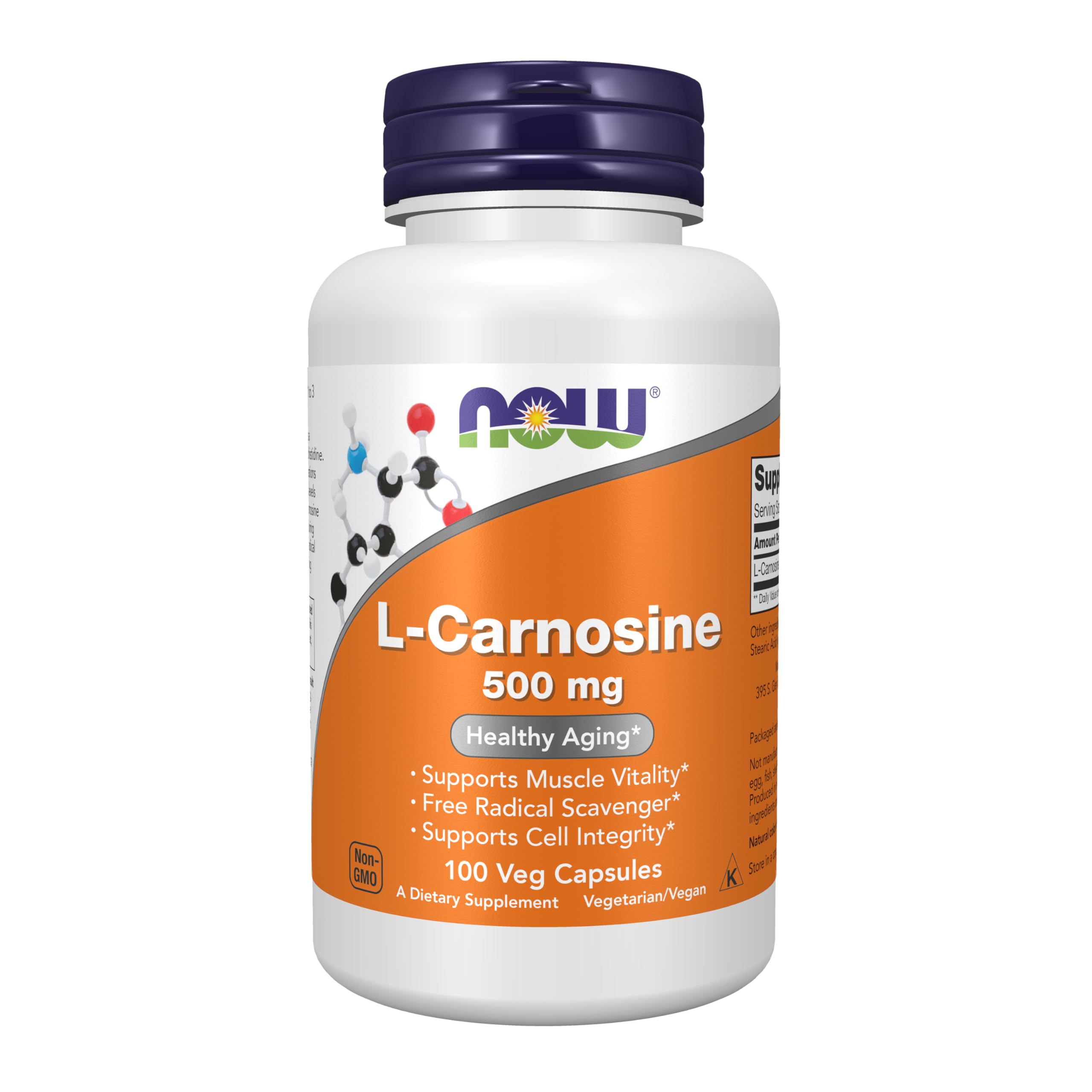NOW Foods envase frontal mostrando L‑Carnosine 500 mg y certificaciones, transmite confianza