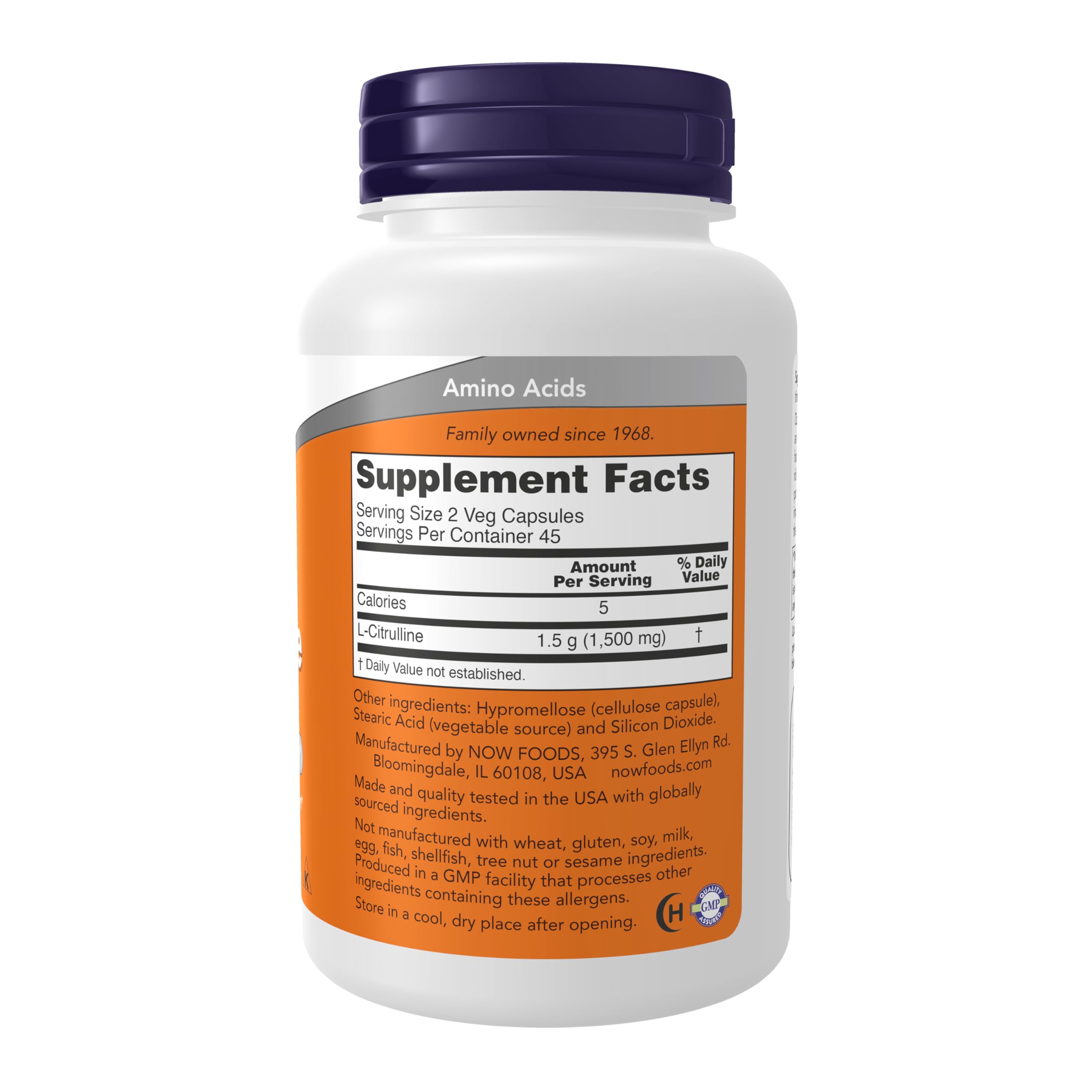 Close-up de cápsulas NOW Foods L-Citrulline resaltando textura y pureza
