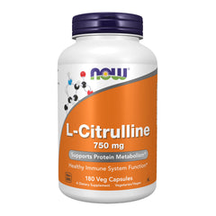 Now Foods frasco frontal mostrando L-Citrulline y 180 cápsulas, claridad de contenido