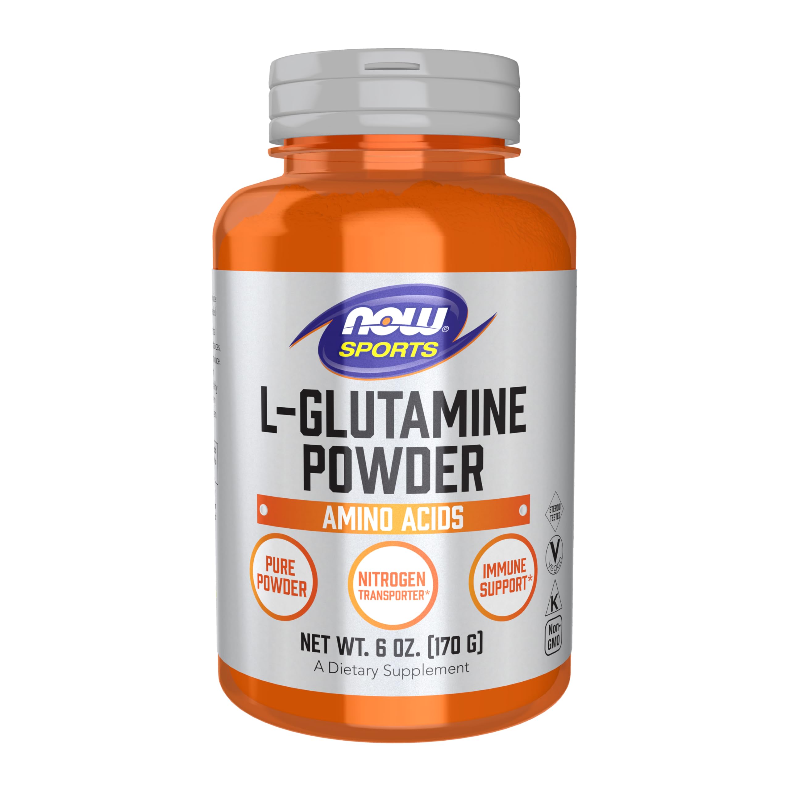 NOW Foods envase frontal de L-Glutamine mostrando la presentación y pureza