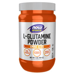 NOW Foods envase frontal de L-Glutamine Pure Powder mostrando etiqueta y tamaño, confianza en calidad