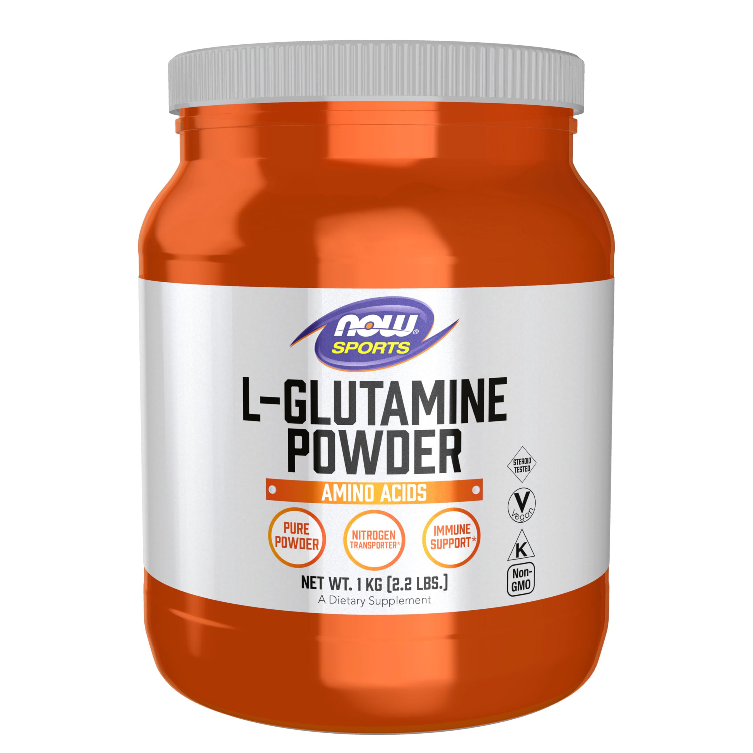 NOW Foods envase frontal L-Glutamine con etiqueta clara, muestra confianza en pureza