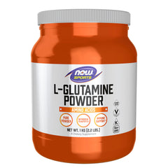 NOW Foods envase frontal L-Glutamine con etiqueta clara, muestra confianza en pureza