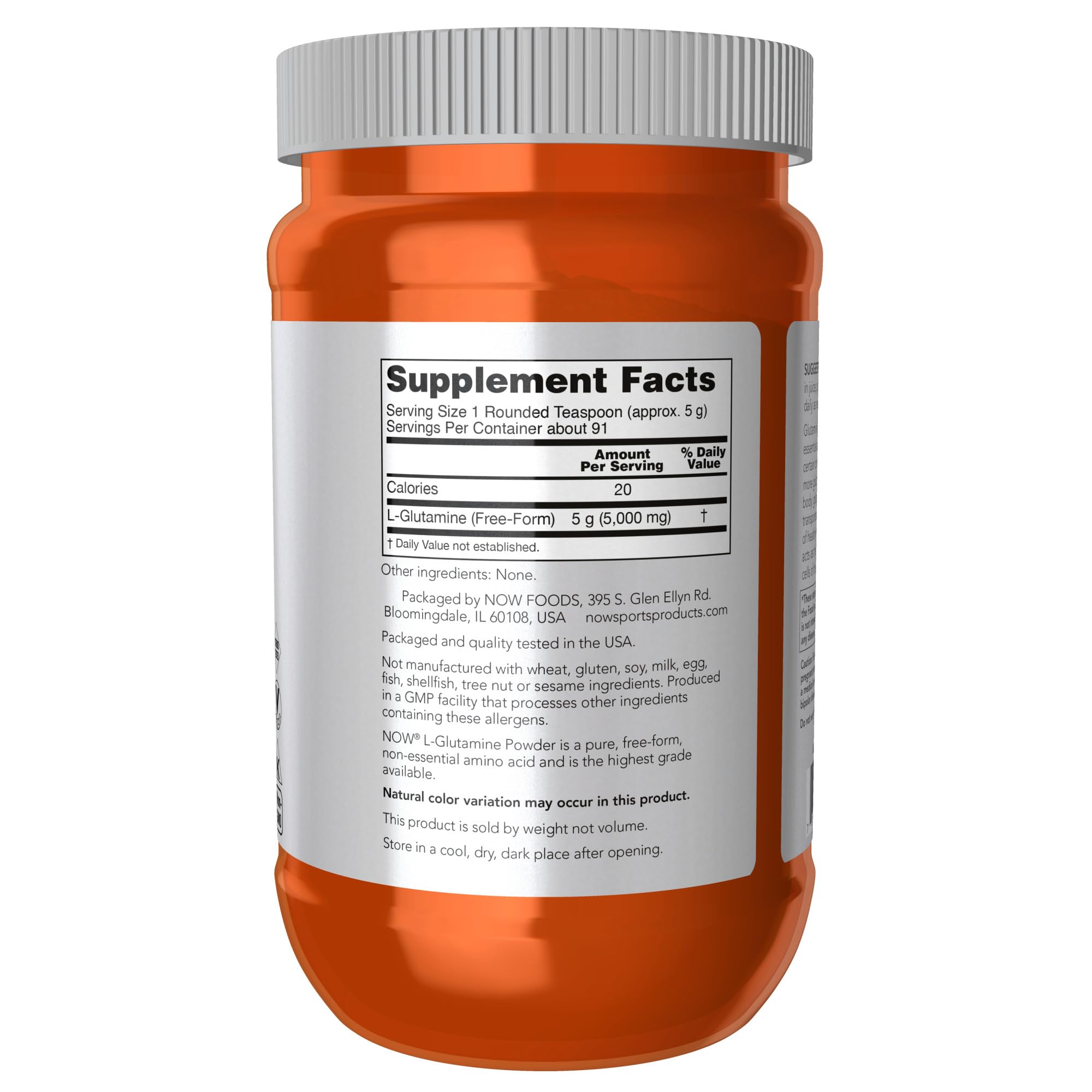 NOW Foods primer plano de textura del polvo de L-Glutamine, pureza visible y mezcla fácil