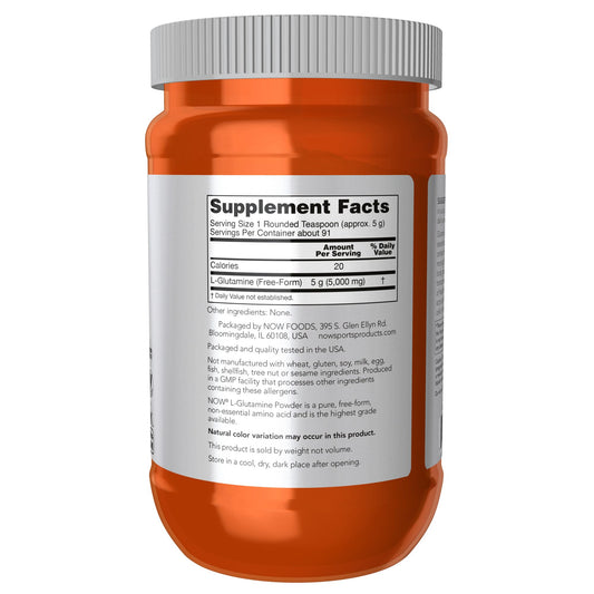 NOW Foods primer plano de textura del polvo de L-Glutamine, pureza visible y mezcla fácil