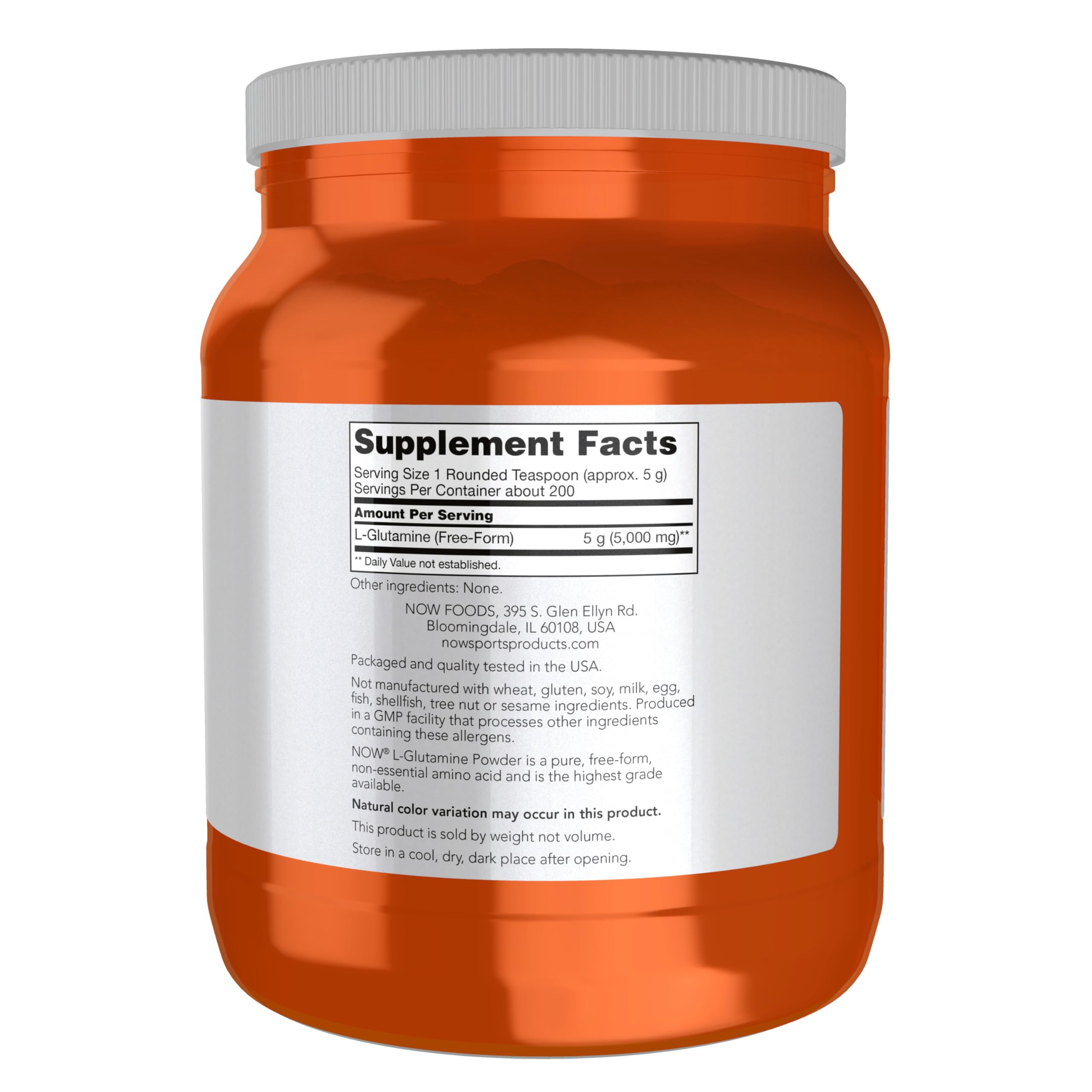 Detalle de polvo de NOW Foods L-Glutamine mostrando textura fina y fácil disolución
