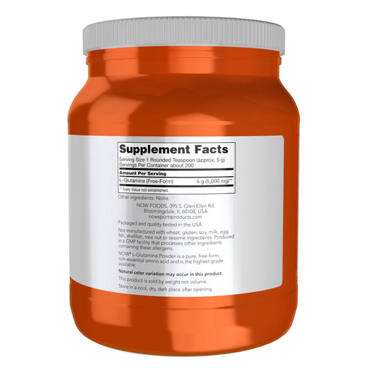 Detalle de polvo de NOW Foods L-Glutamine mostrando textura fina y fácil disolución