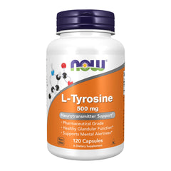 NOW Foods envase frontal de L‑Tyrosine 500 mg mostrando etiqueta clara y beneficios