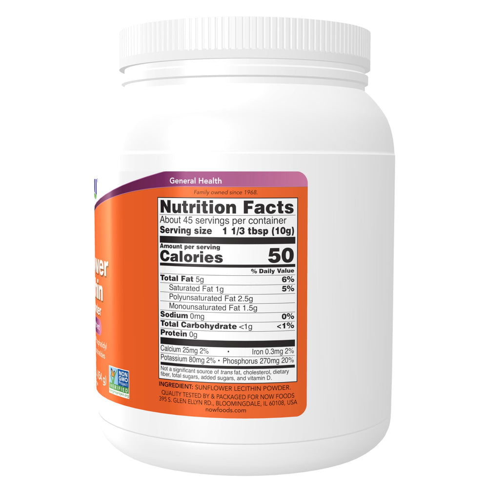 Polvo de lecitina NOW Foods textura fina lista para mezclar beneficios práctico