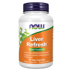 NOW Foods envase frontal mostrando Liver Refresh y beneficios de apoyo hepático