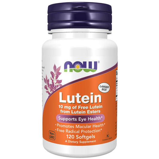 NOW Foods frasco de luteína 120 softgels mostrando envase y cantidad