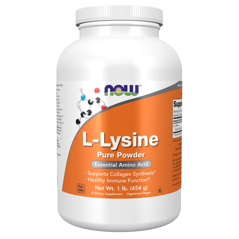 NOW Foods envase frontal de L-Lysine mostrando etiqueta y beneficios
