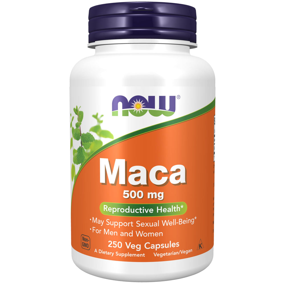 NOW Foods maca frente del producto mostrando envase y tamaño