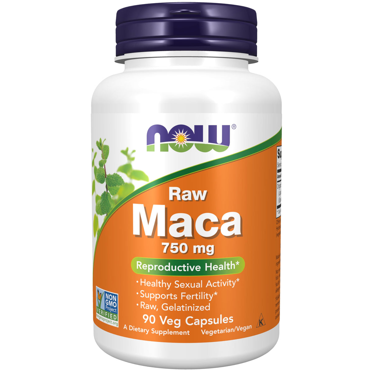 NOW Foods envase frontal mostrando maca gelatinizada y beneficio de apoyo reproductivo