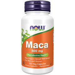 NOW Foods maca frontal del envase mostrando 100 cápsulas y beneficios veganos
