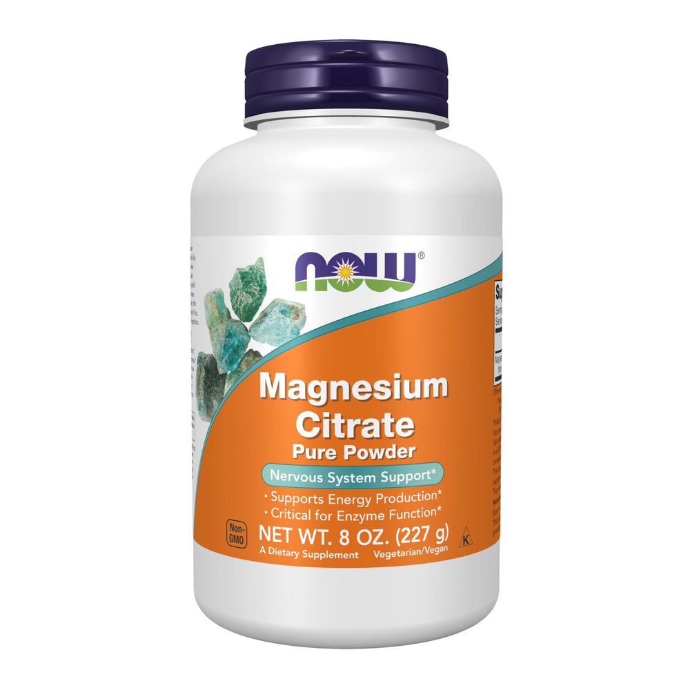 NOW Foods envase frontal del magnesio citrato en polvo mostrando presentación práctica