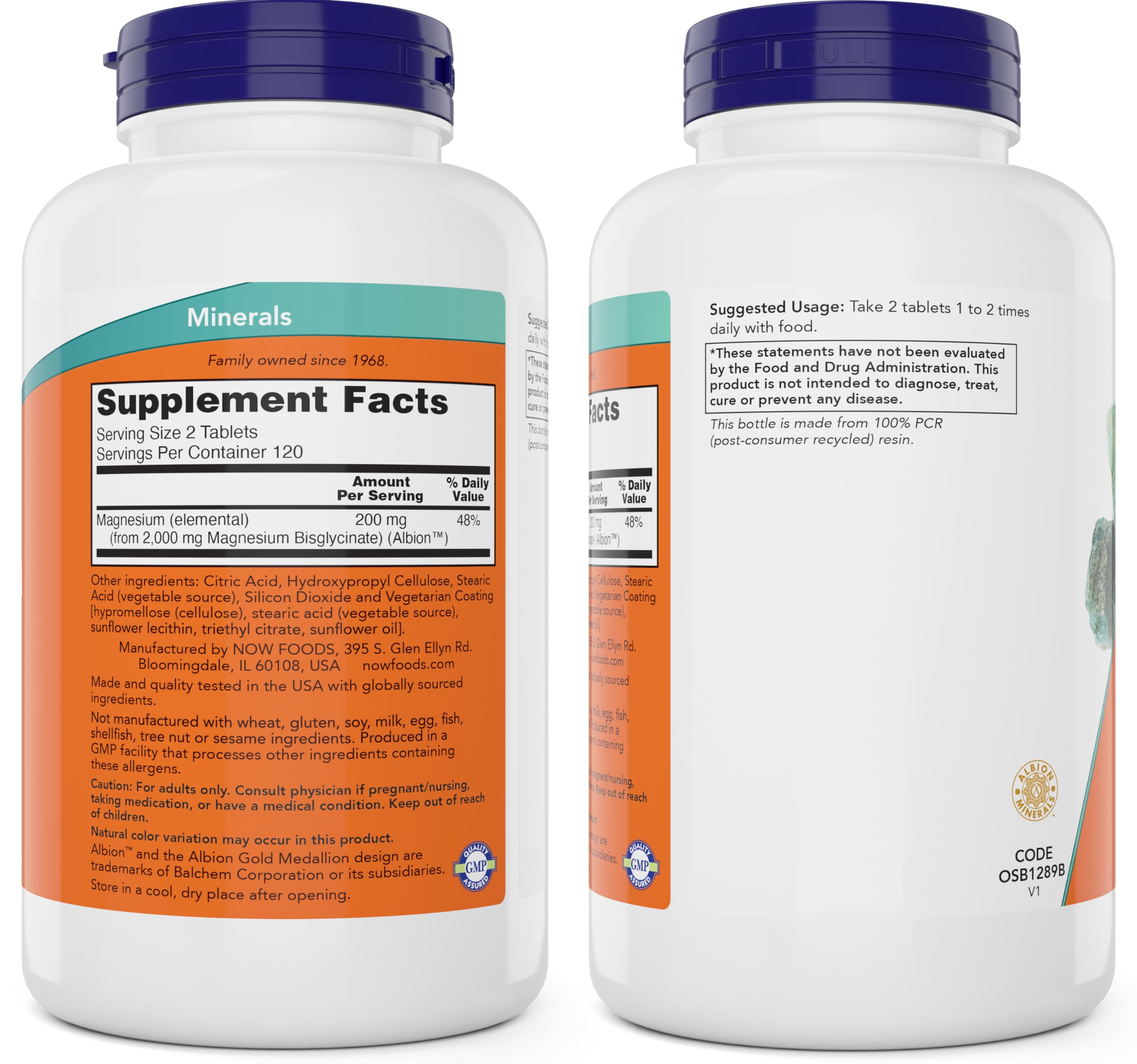 Now Foods tabletas sueltas junto a frasco para fácil visualización