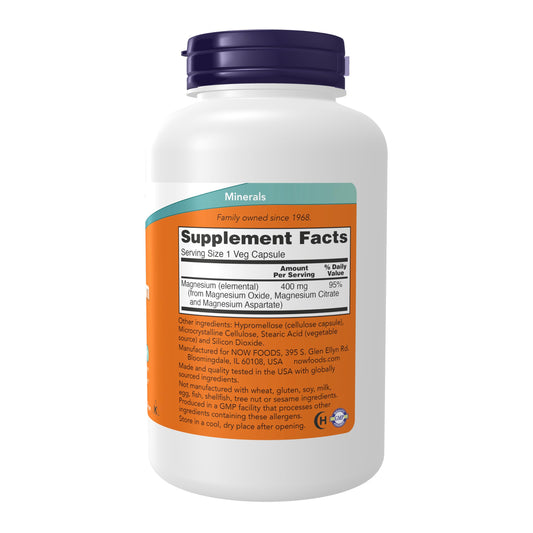 NOW Foods etiqueta lateral con información nutricional y certificaciones visibles