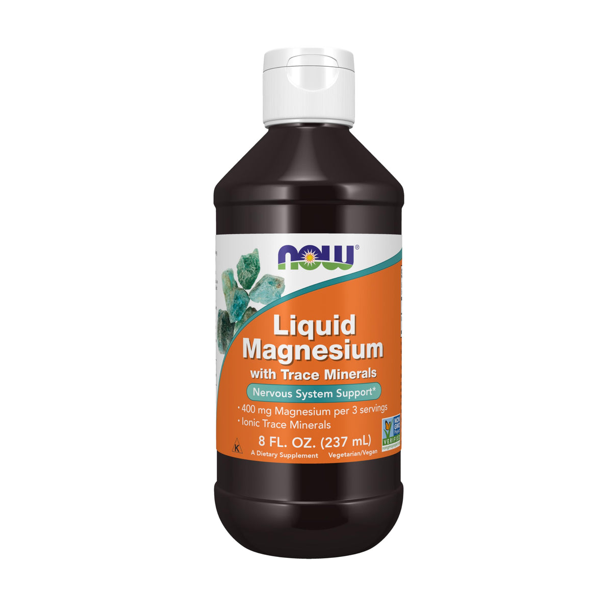 NOW Foods envase frontal líquido magnesio, presenta suplemento concentrado