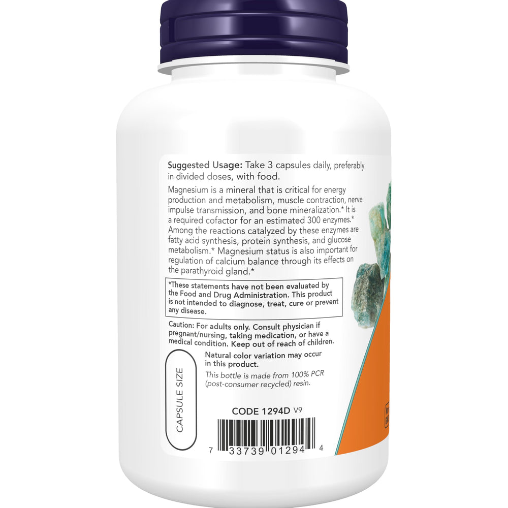 Cápsulas vegetales NOW Foods CitratodeMagnesio en primer plano para fácil consumo
