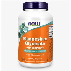 NOW Foods bote frontal mostrando Magnesium Glycinate 240 cápsulas, aporta absorción optimizada