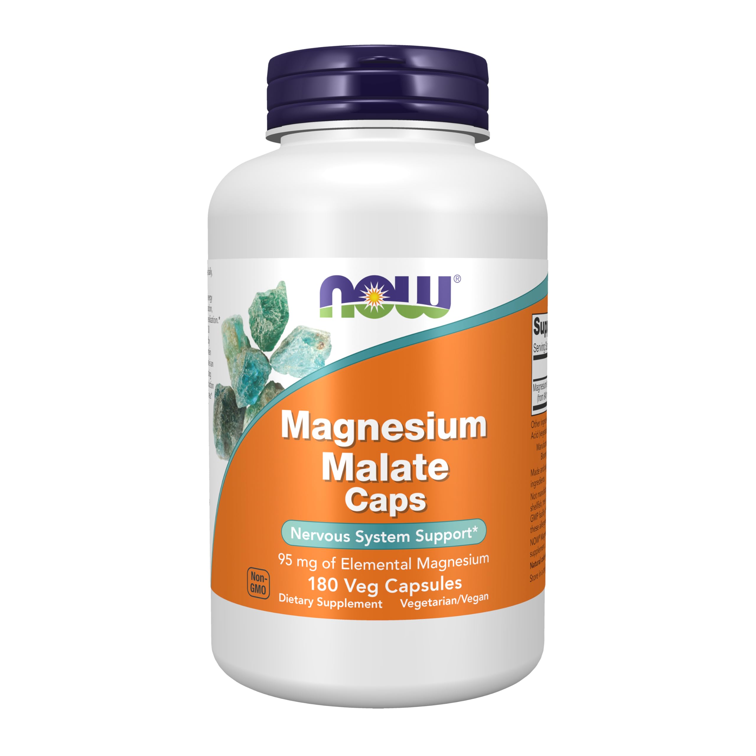 NOW Foods envase frontal con Magnesium Malate 95 mg para apoyo nervioso