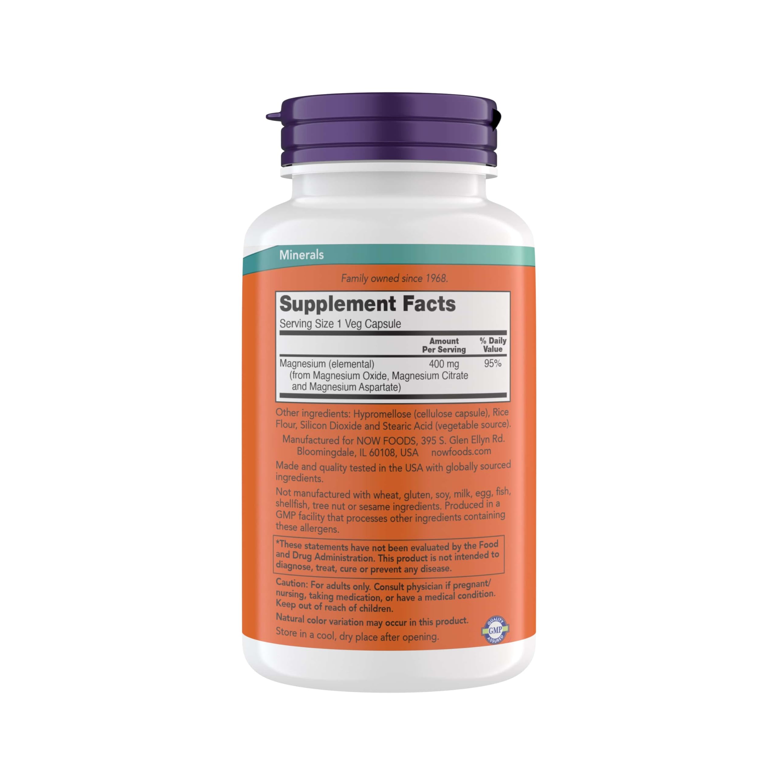 NOW Foods tapa y etiqueta legible con certificaciones y ventaja de confianza