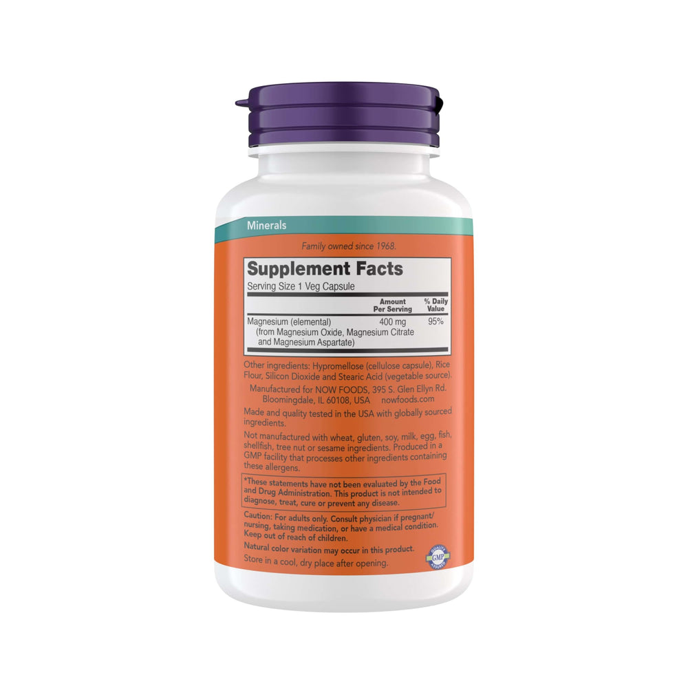 NOW Foods tapa y etiqueta legible con certificaciones y ventaja de confianza