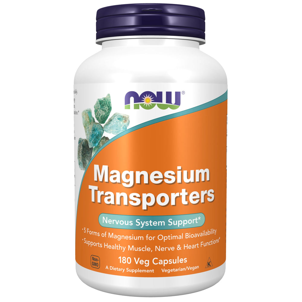 NOW Foods envase frontal de Magnesium Transporters mostrando 180 cápsulas y marca