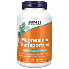 NOW Foods envase frontal de Magnesium Transporters mostrando 180 cápsulas y marca