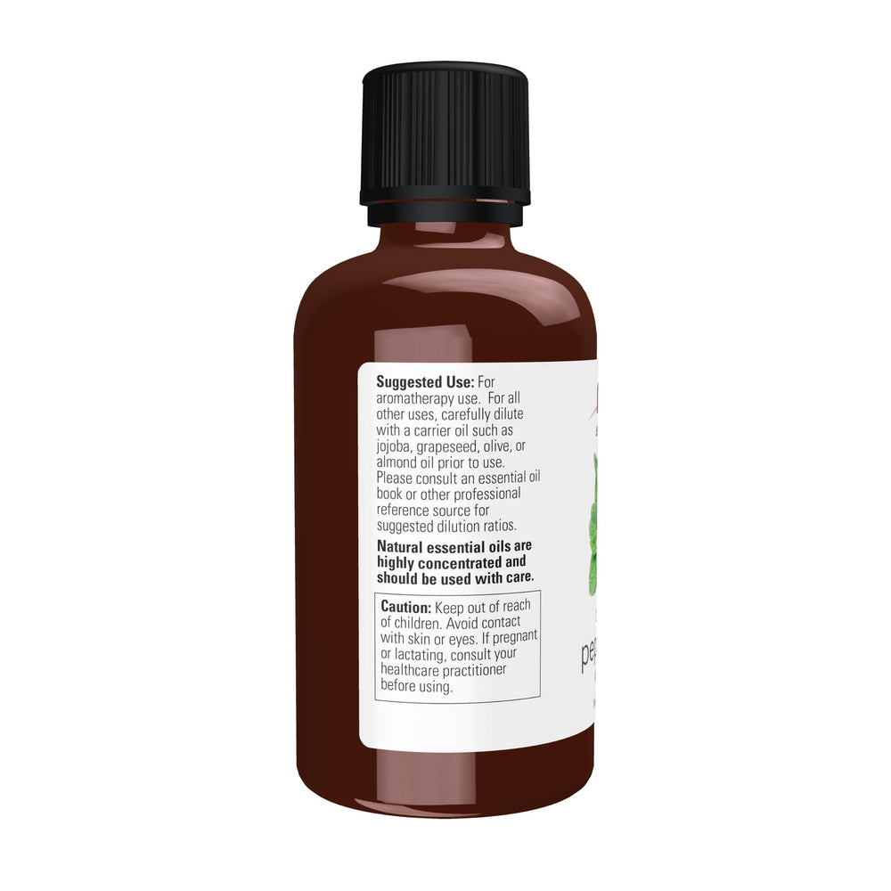 NOW Foods etiqueta detallada del aceite de menta indicando origen y pruebas, confianza