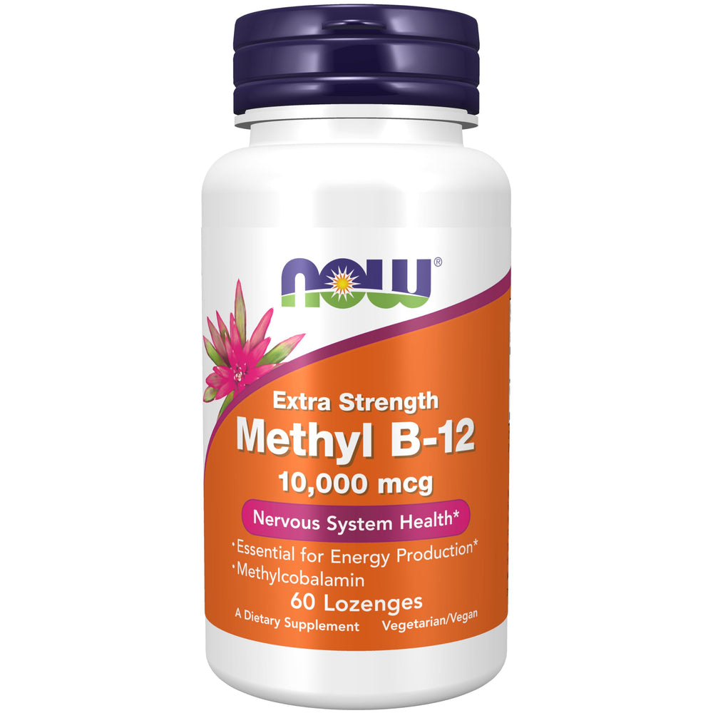 NOW Foods bote frontal de Methyl B-12 10,000 mcg en presentación vegana, conveniencia clara
