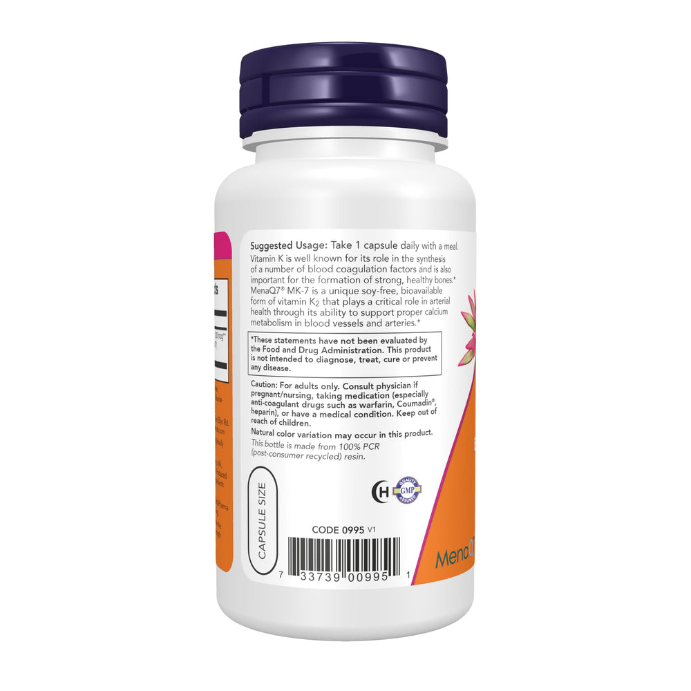 Now Foods etiqueta MenaQ7® MK‑7 con información de ingredientes y dosis