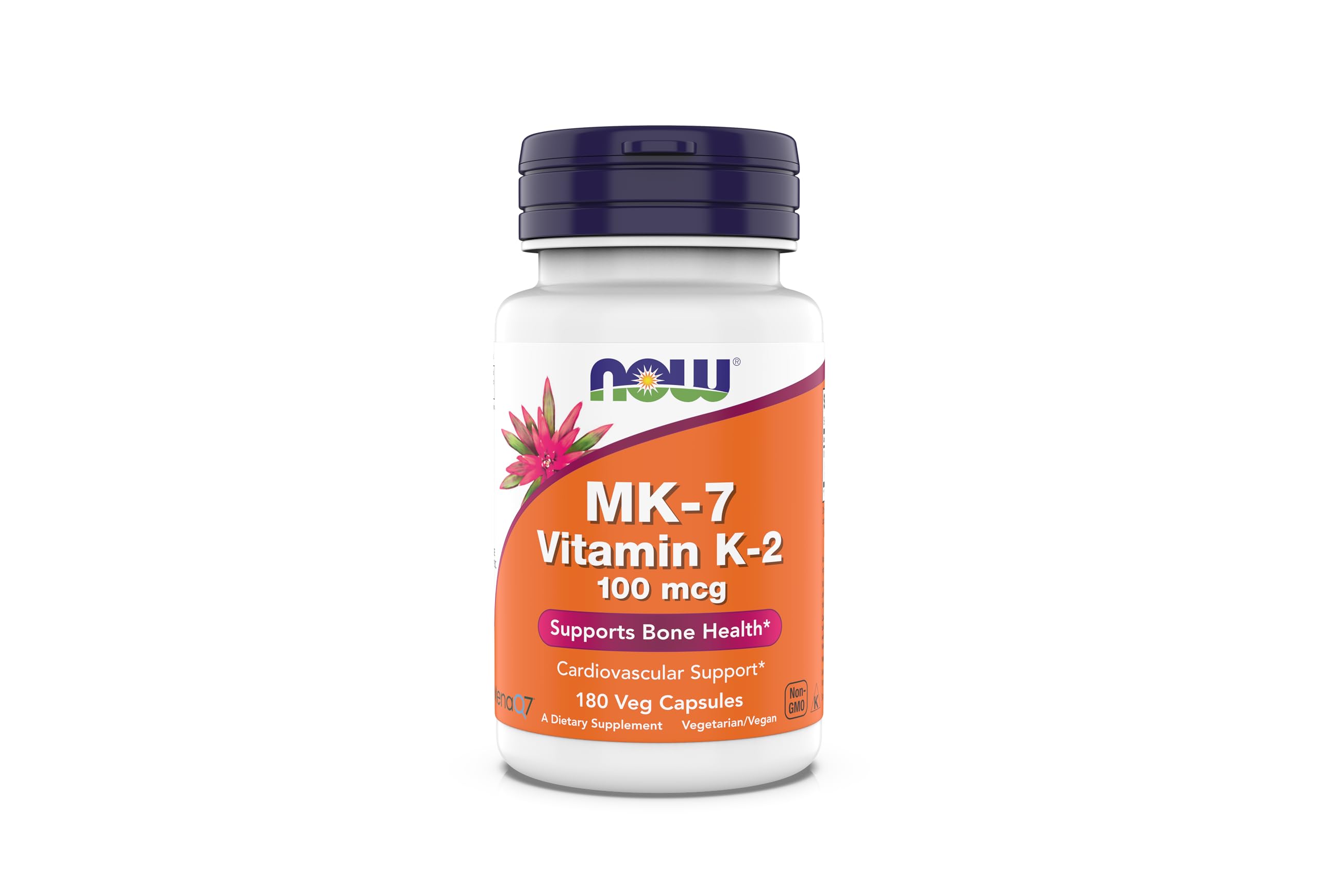 Now Foods frasco frontal del suplemento MK-7 mostrando 180 cápsulas
