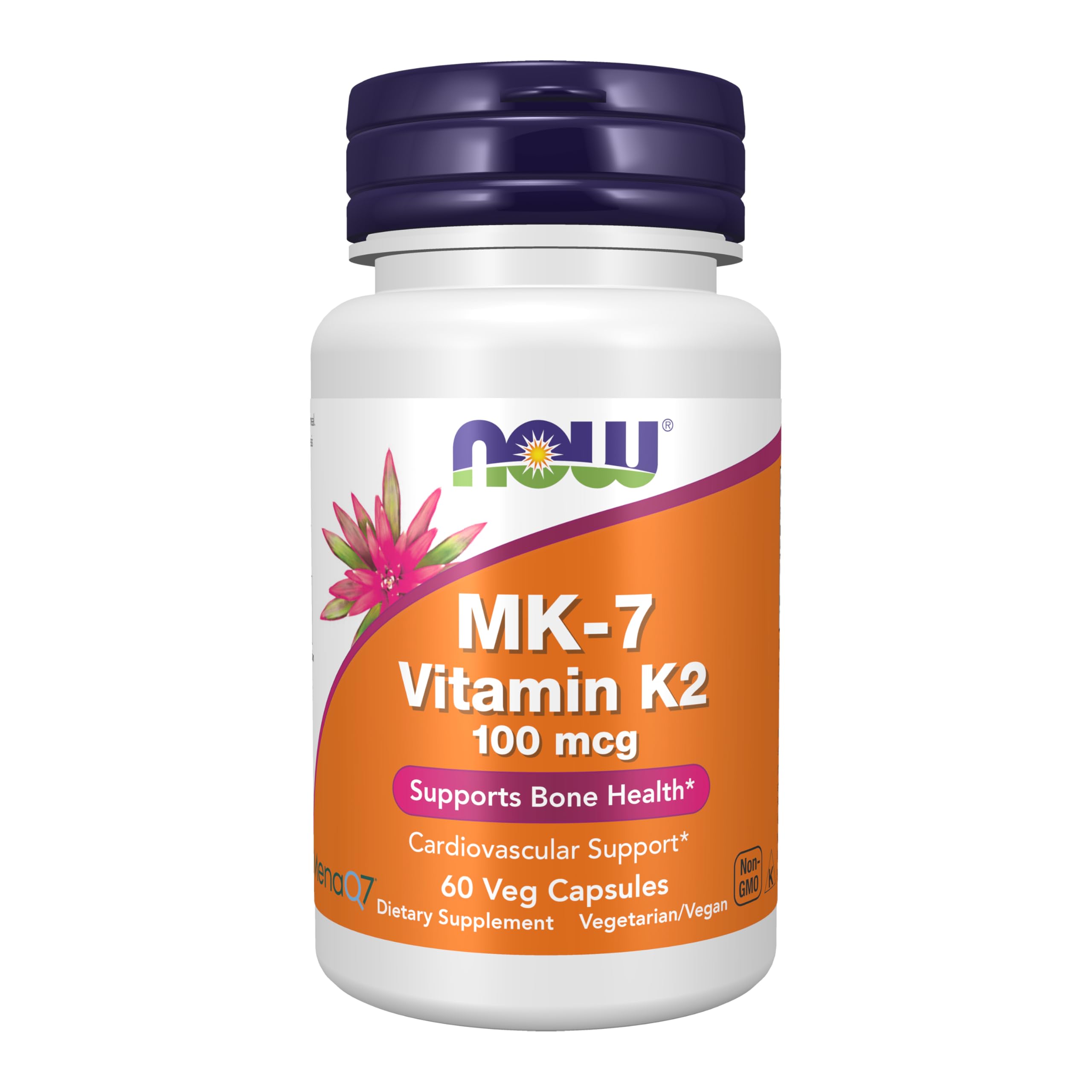 NOW Foods frasco frontal de MK‑7 100 mcg mostrando etiqueta clara y beneficios