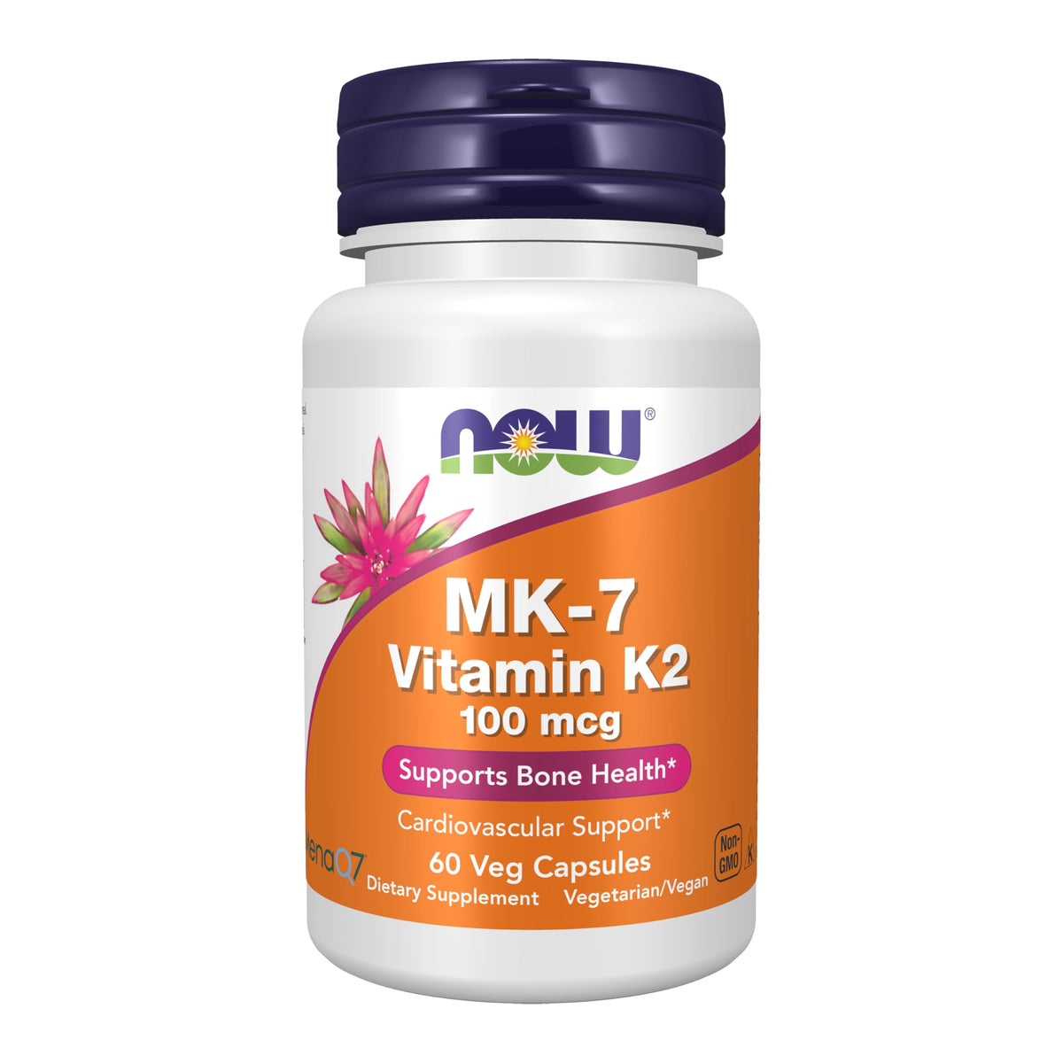 NOW Foods frasco frontal de MK‑7 100 mcg mostrando etiqueta clara y beneficios
